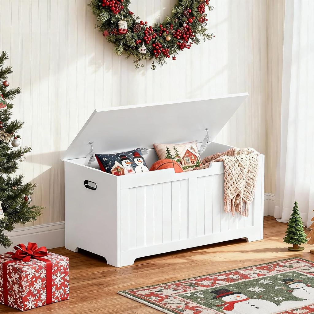 SUPER DEAL Storage Chest, 39 inches Chest Box Organizer with 2 Safety Hinges, Wooden Entryway Shoe Organizer Storage Bench, White