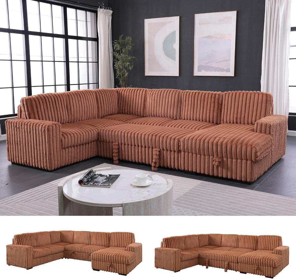 122'' Convertible U-Shaped Faux Rabbit Fur Plush Sectional Sleeper Sofa, Upholstered Cloud Couch Pull-Out Sofa Bed with Storage Chaise for Living Room (Orange, 122'' x 95.6'')