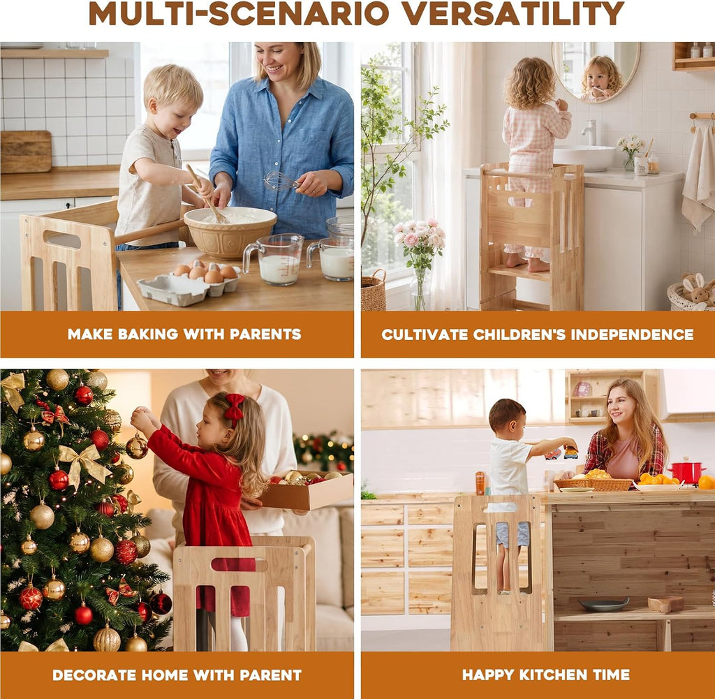 Rubber Wood Montessori Table and Chair,Toddler Tower Set, Wooden Kids Activity Toddler Table and Chair with Adjustable Height, Ideal for Eating, Reading, Drawing, Step Stool (Rubber Wood)