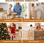 Rubber Wood Montessori Table and Chair,Toddler Tower Set, Wooden Kids Activity Toddler Table and Chair with Adjustable Height, Ideal for Eating, Reading, Drawing, Step Stool (Rubber Wood)