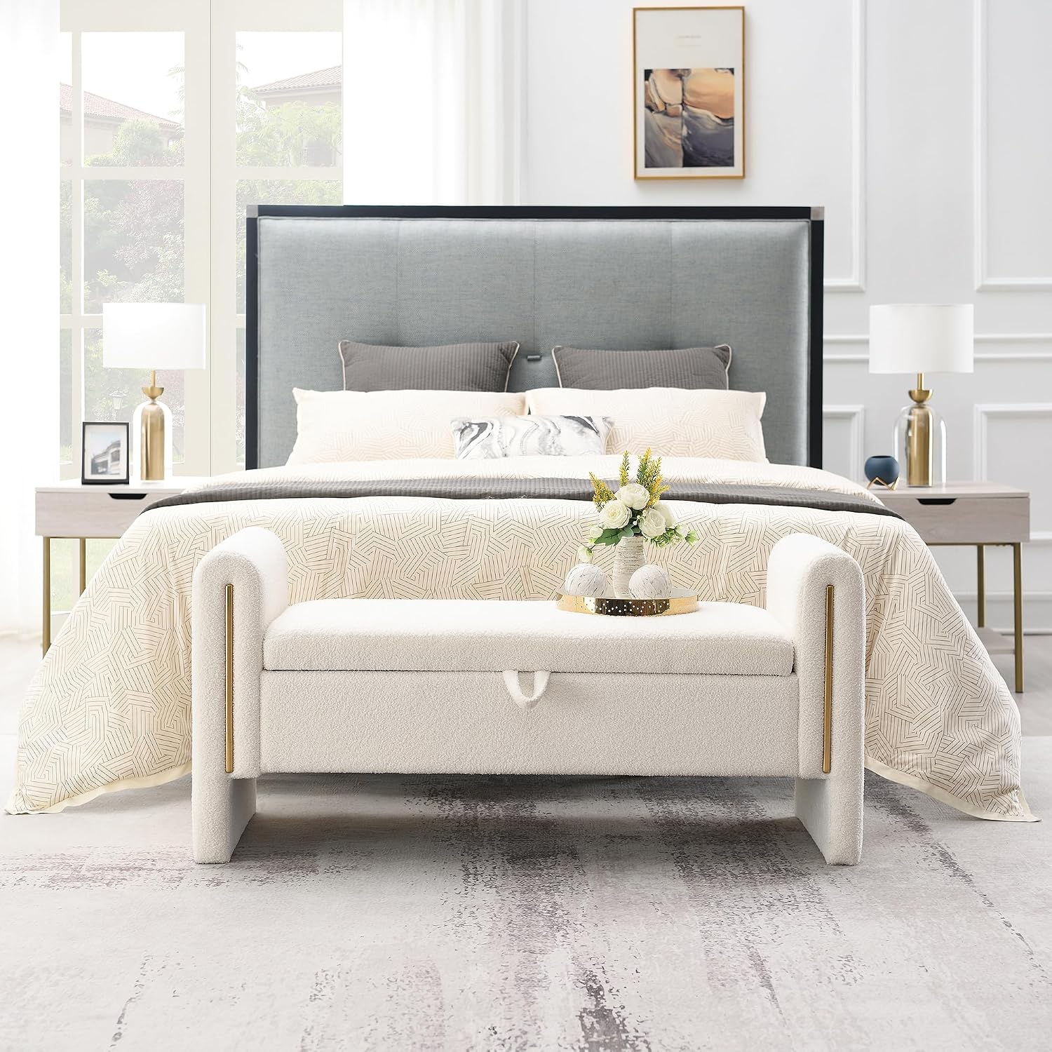 Modern 52" Storage Ottoman Bench, Upholstered End of Bed Storage Bench with Armrests, Entryway Bench, Teddy Foot Rest Stool for Living Room Hallway Bedroom (White)
