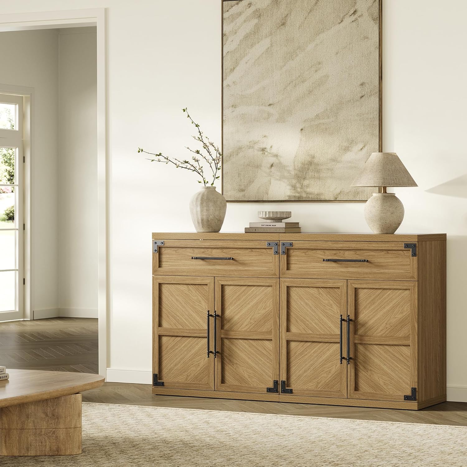 SICOTAS Buffet Cabinet with Drawer - Modern Sideboard Cabinet with Storage, Wide Credenza Storage Cabinet with Handle and Door, Sideboard Buffet Cabinets (3, Oak Brown)