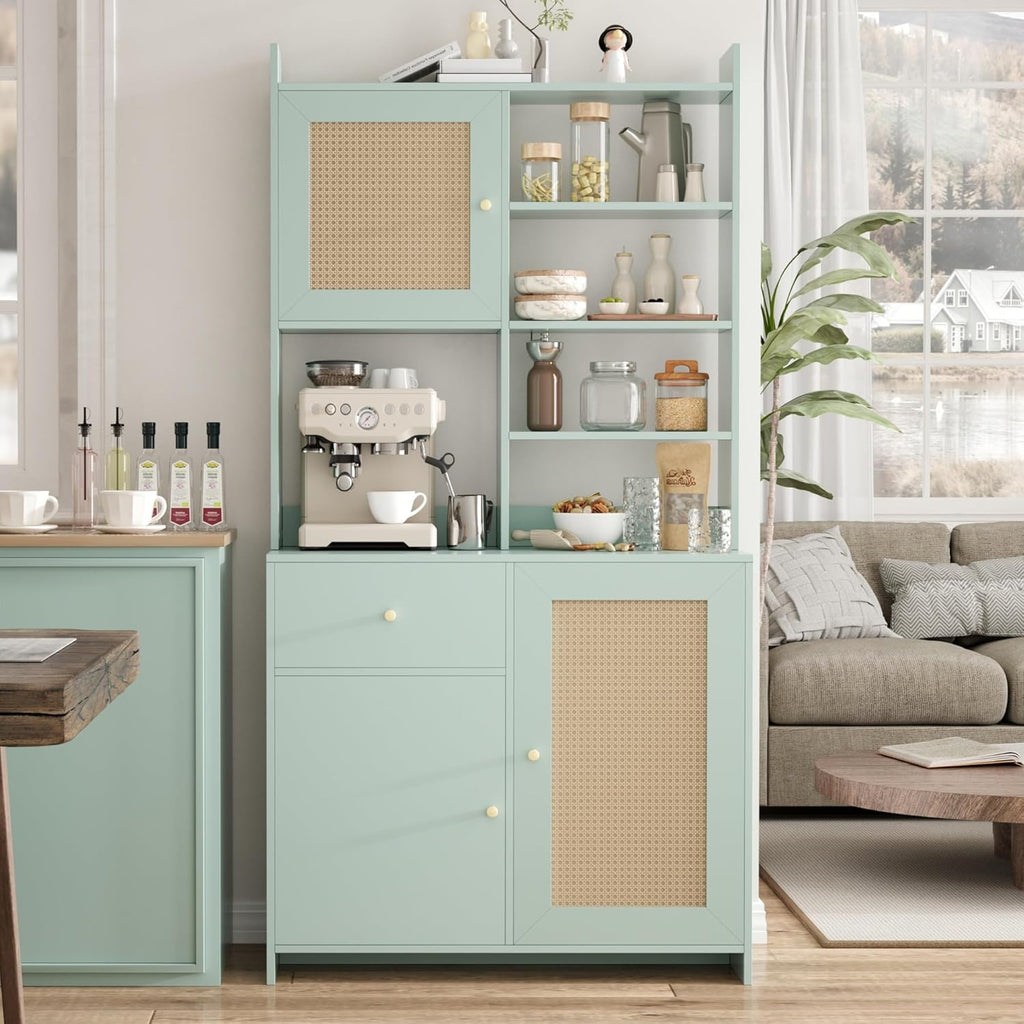 71'' Tall Kitchen Pantry Storage Cabinet, Kitchen Hutch Bar Cabinet with Microwave Stand, Farmhouse Buffet Cabinet w/Drawer, 3 Adjustable Shelf & 3 Rattan Doors for Kitchen, Dining Room (Green)