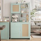 71'' Tall Kitchen Pantry Storage Cabinet, Kitchen Hutch Bar Cabinet with Microwave Stand, Farmhouse Buffet Cabinet w/Drawer, 3 Adjustable Shelf & 3 Rattan Doors for Kitchen, Dining Room (Green)