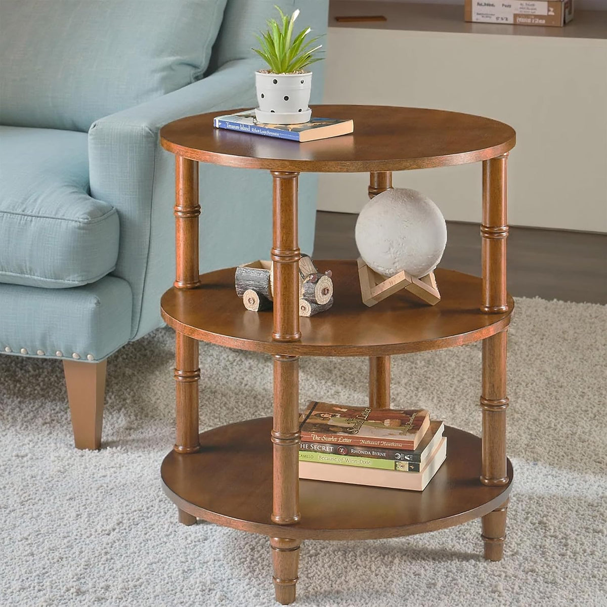 3-Tier Solid Wood Round End Table, Sofa Side Table with Open Storage Shelf Modern Oriental Nightstand Corner Table with Bamboo-Inspired Legs for Living Room Bedroom, Brown, 19.7" D x 23.6" H