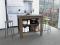 Dark Brown Kitchen Island with Three Shelves and Four Legs | Spacious kitchen island with three storage shelves and wide top surface for meal prep