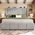 LARMACE Queen Size Bed Frame 54.2" Extra Tall Wingback Headboard, Lambswool Upholstered Platform Bed with Legs Featuring Built-in Charging Ports, Wood Slats, No Box Spring Needed,Light Grey