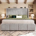 LARMACE Queen Size Bed Frame 54.2" Extra Tall Wingback Headboard, Lambswool Upholstered Platform Bed with Legs Featuring Built-in Charging Ports, Wood Slats, No Box Spring Needed,Light Grey