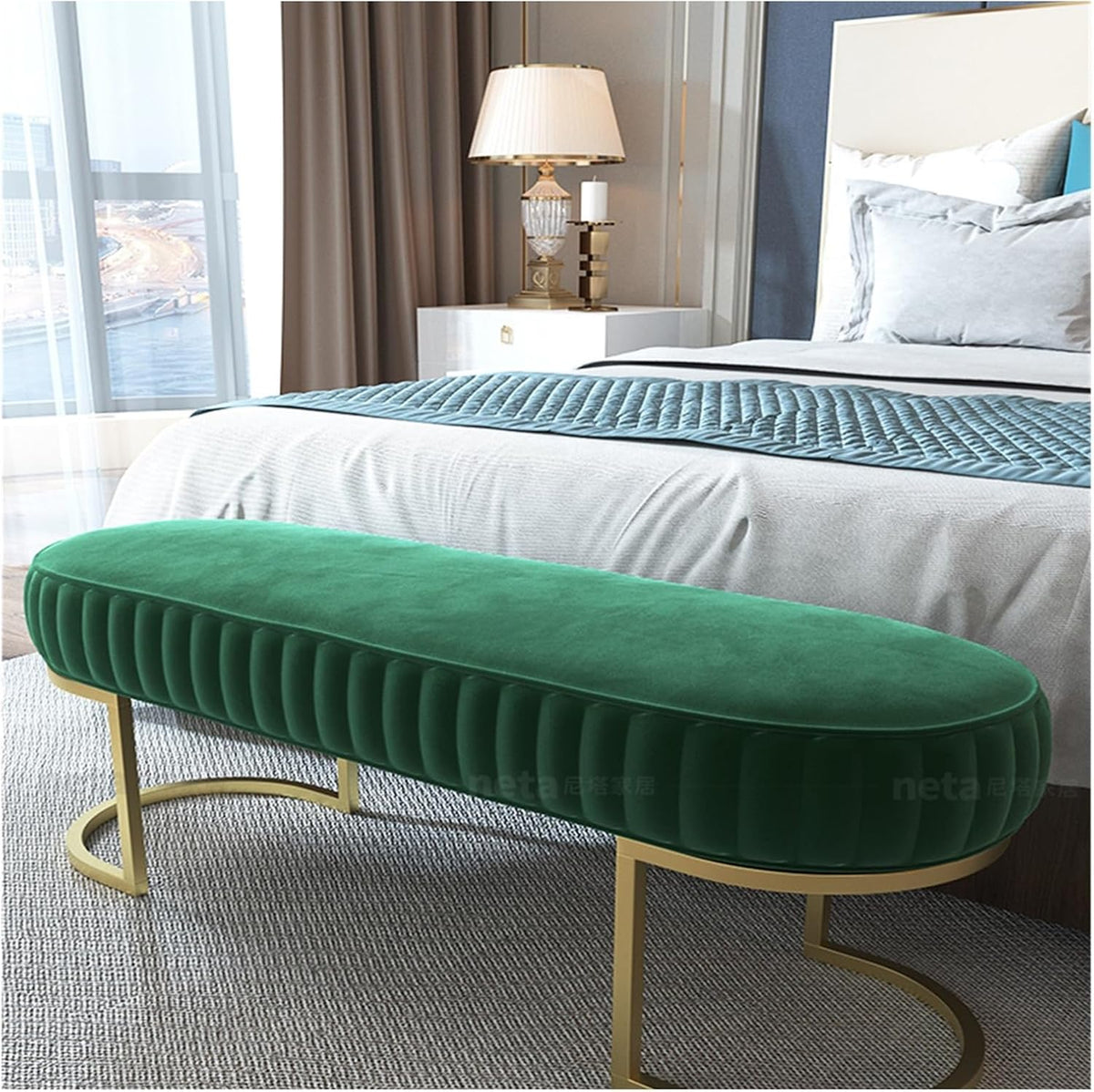 Modern Elegant Velvet Entryway Bench, Upholstered Tufted Bedroom End of Bed Ottoman with Gold Legs, for Living Room Foyer Entryway(Blue,120 * 40 * 45cm)