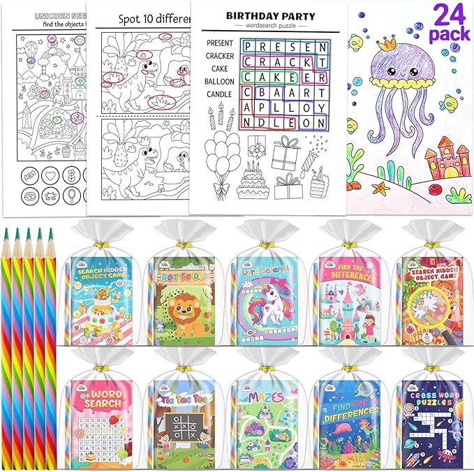 ZMLM 24 Activity Books Party Favors for Kids - Bulk 24 Colored Pencils Mini Coloring Books for Kids 4-8 8-12 Birthday Goodie Bags Stuffers Return Gifts Classroom School Game Prizes Travel(Classic)