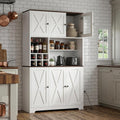 71" Tall Freestanding Farmhouse Pantry Cabinet with Wine Rack, Coffee Bar, Microwave Stand, Adjustable Shelves, Charging Station – Kitchen Hutch for Dining Room or Home Bar Storage Cabinet