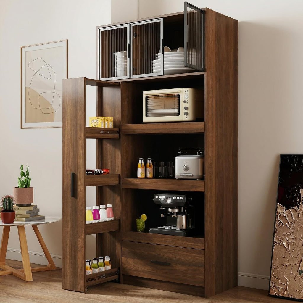 Tall Kitchen Pantry Cabinet with Microwave Stand, Walnut Coffee Bar Cabinet with Drawer, Pull-Out Storage Shelves and Aluminum Frame Glass Doors, Freestanding Food Hutch for Kitchen and Dining Room