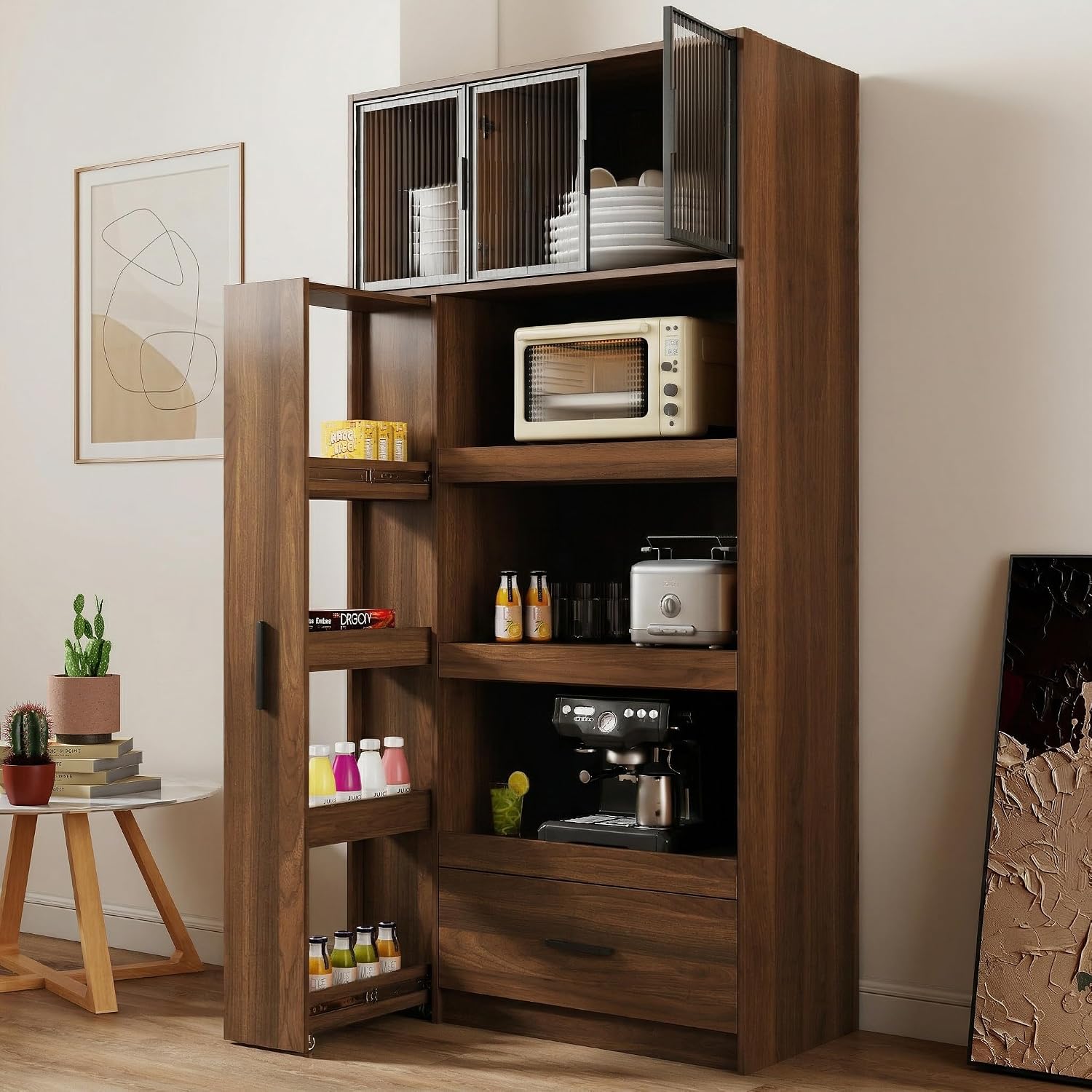Tall Kitchen Pantry Cabinet with Microwave Stand, Walnut Coffee Bar Cabinet with Drawer, Pull-Out Storage Shelves and Aluminum Frame Glass Doors, Freestanding Food Hutch for Kitchen and Dining Room