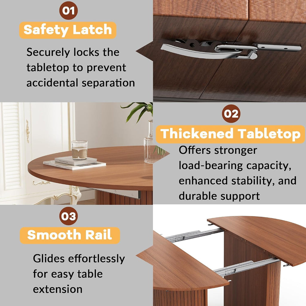 45"-105" Long Extendable Dining Table for 4-10, Mid Century Brown Wood Extendable Kitchen Table with 3 Leaf, Fluted Base for Dining Room, Space Saving (Table Only)