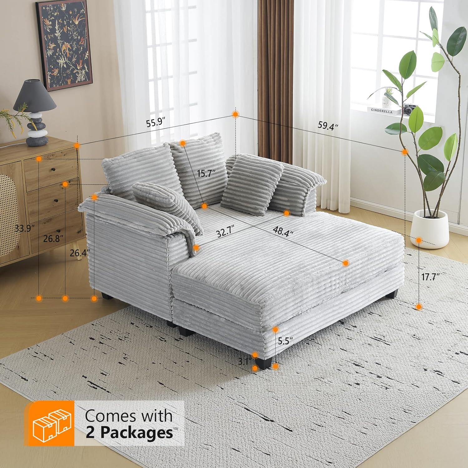 VINGLI 56" Oversized Chaise Lounge Chair, Light Grey Comfy Corduroy Chaise Sofa Recliner Bed Upholstered Sleeper Couch Bed with Throw Pillows and Armrests for Living Room, Movie Room, Bedroom