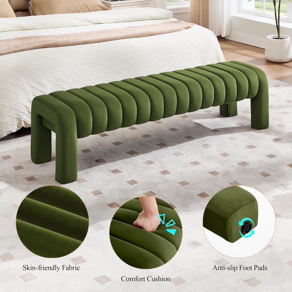 63’’ Bedroom Bench, Upholstered End of Bed Bench with Solid Wood Legs, Modern Dining Bench with Full Covered Fabrics for Entryway, Bedroom, Living Room (Green, Velvet)