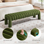 63’’ Bedroom Bench, Upholstered End of Bed Bench with Solid Wood Legs, Modern Dining Bench with Full Covered Fabrics for Entryway, Bedroom, Living Room (Green, Velvet)