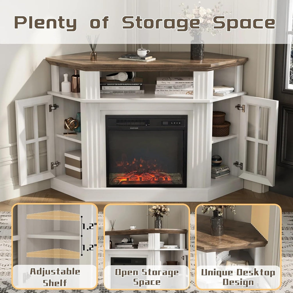Flamaker Corner Fireplace TV Stand for TVs up to 55 Inch, White | Entertainment Center with 18 Inch Fireplace, Glass-Door Storage Cabinet, Open Shelf, Space-Saving Corner Design