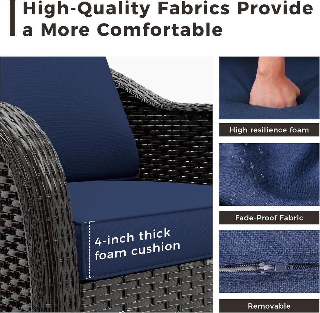 Outdoor Wicker 360 Degree Swivel Glider Rocker Chairs Set, Patio Conversation Furniture Set with Washable Cushions for Garden, Poolside (Navy Blue)