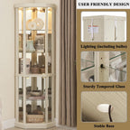 69" H Lighted Corner Display Cabinet, Curio Corner Glass Cabinet w/Adjustable Shelves & Glass Door, 5-Tier Wooden Storage Display Case w/Mirrored Back Pane for Living Room (Antique White)