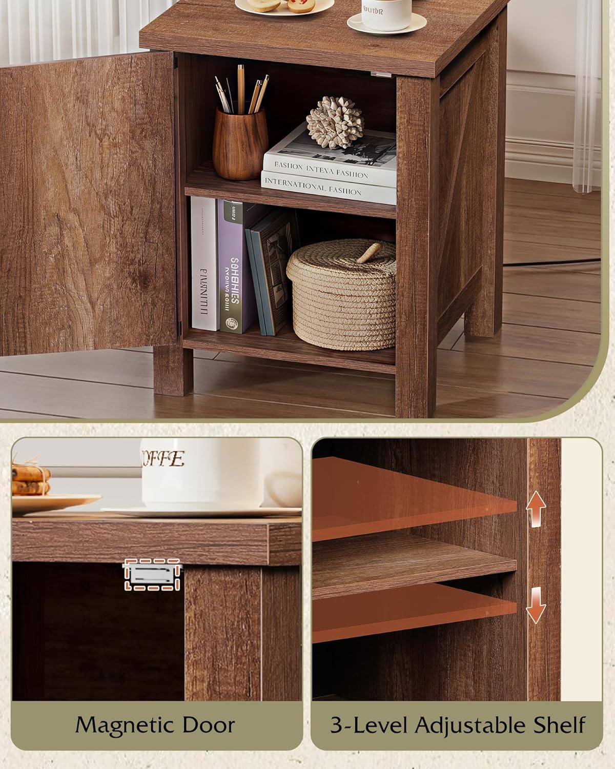 WLIVE Farmhouse Nightstand with Charging Station, Rustic Brown End Table with Barn Door and Adjustable Storage Shelf, 18" Modern Wood Night Stand Bedside Table for Bedroom