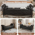 FiveWillowise 65" End of Bed Bench with Storage Ottoman,Black | Faux Leather Upholstered Storage Bench with Rolled Arms and Nailhead Trim for King Size Bed,Bedroom,Entryway,Living room