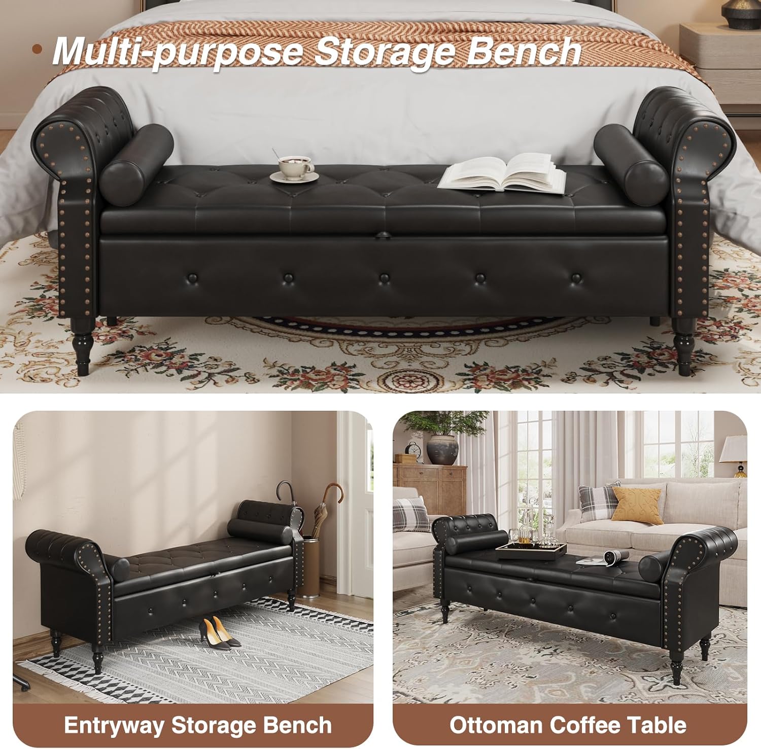 FiveWillowise 65" End of Bed Bench with Storage Ottoman,Black | Faux Leather Upholstered Storage Bench with Rolled Arms and Nailhead Trim for King Size Bed,Bedroom,Entryway,Living room
