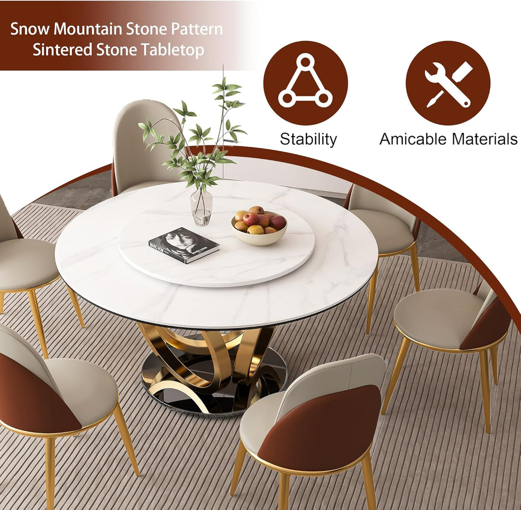 59" Round Dining Table with 360° Rotating Lazy Susan, Scratch & Heat Resistant Sintered Stone Tabletop, Marble Style Kitchen Dining Table, Perfect for Dining Room
