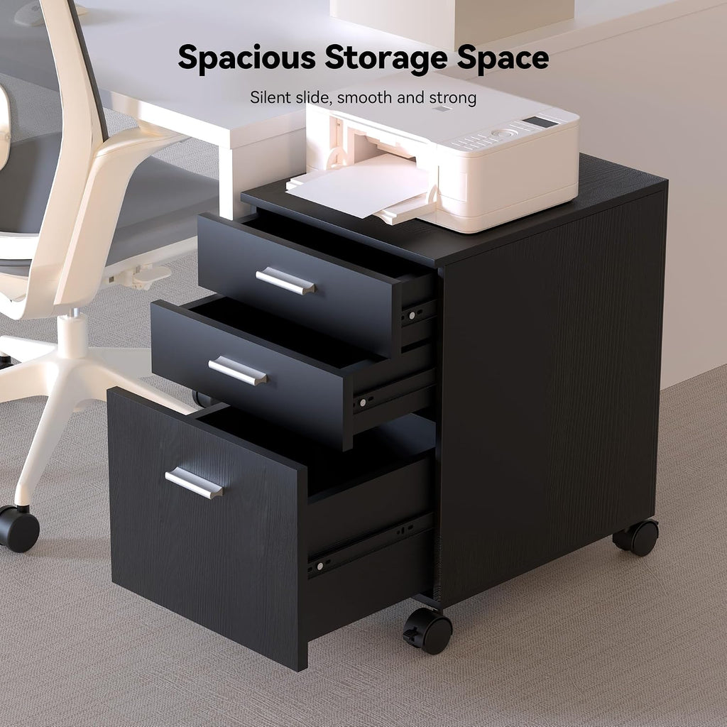 3 Drawer Storage Cabinet,Preassembled Black Wooden Organizer for Files,Under Desk Printer Stand,Mobile on Wheels,19" L x 16" W x 22" H