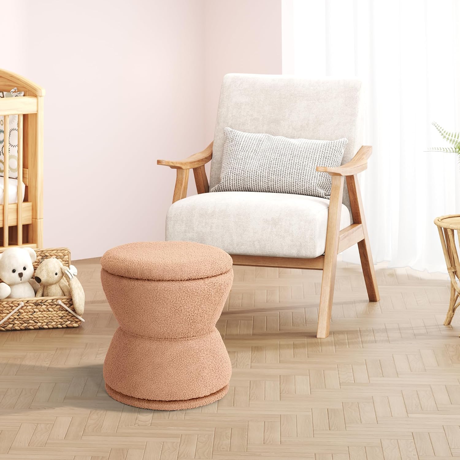 EazeHome Round Ottoman with Storage, Swivel Boucle Ottoman Vanity Stool, Upholstered Footstool with Storage Removable Lid, Modern Round Footrest Coffee Table for Living Room, Dorm, Makeup Room, Coral
