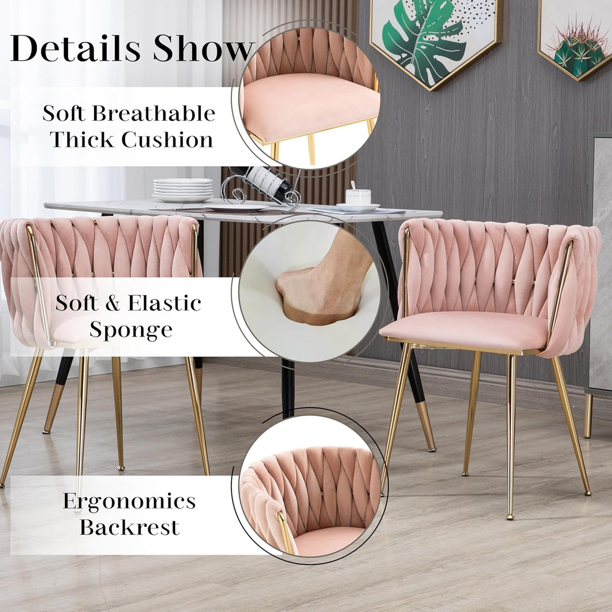 Gold Luxury Round Glass Dining Table Set for 2, 3 Pcs Clear Circle Glass Top Dinner Room Set, 36'' Modern Minimalist Circular Kitchen Table Set, Pink Woven Chair, for Small Place Apartment