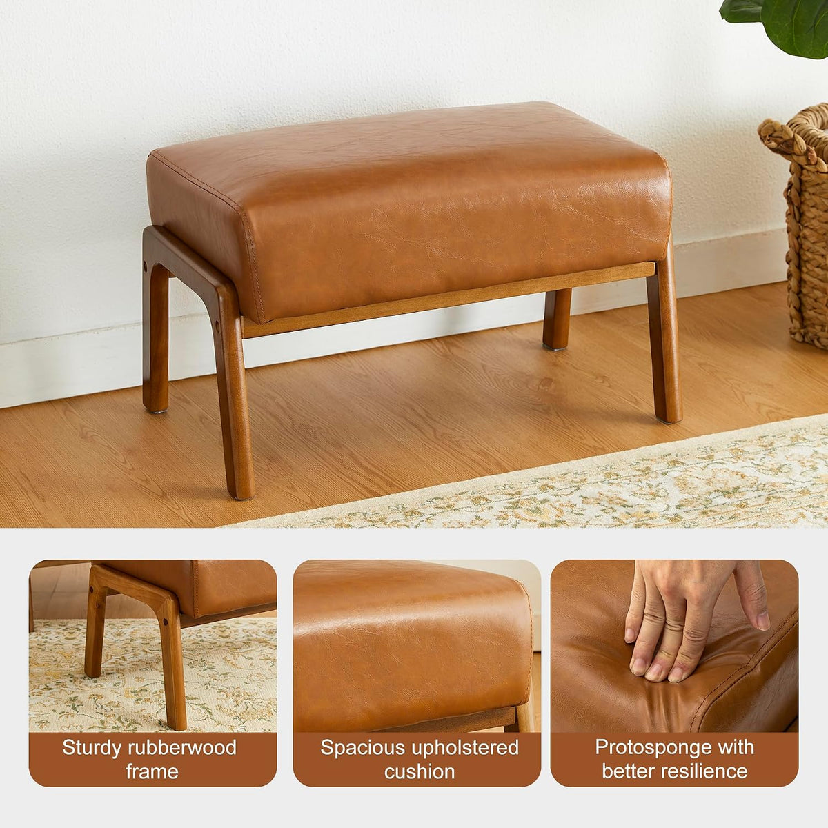 Glitzhome 15.5"(H) Footrest Stool, Leatherette Ottoman, Accent Padded Sofa Foot Stool for Accent Chair, Wood Frame Foot Rest Ottoman for Living Room, Bedroom, Yellowish-Brown