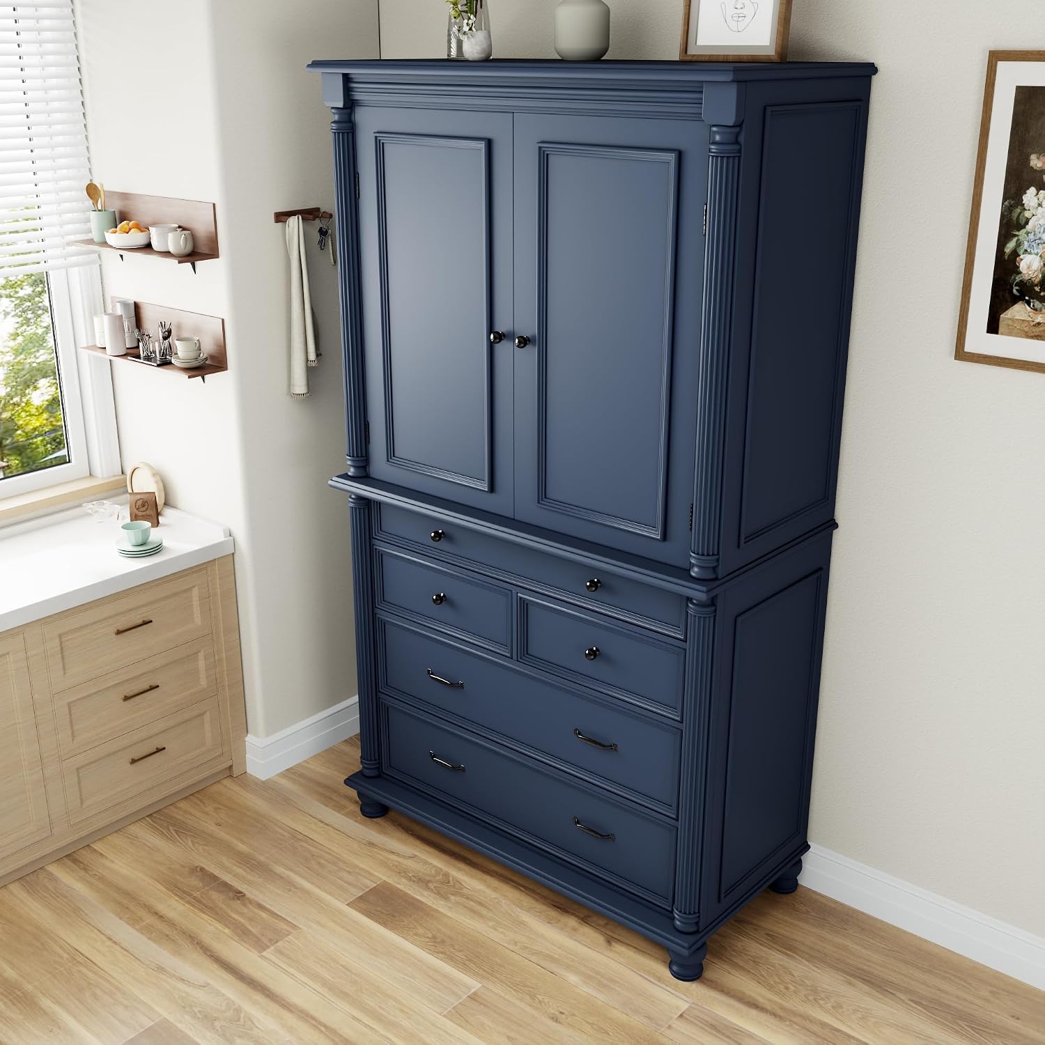 Freestanding Large Kitchen Pantry,Tall Storage Cabinet Cupboard with 6 Door Shelves, 2 Adjustable Shelves and 5 Drawers,for Dining Room Living Room (Blue-g)