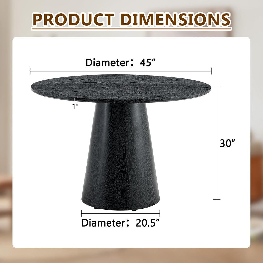 Black Round Dining Table for 4-6, Modern Wood Kitchen Table, 45" Circle Dining Table with Pedestal for Kitchen,Living Room,Apartment,Restaurant,Small Spaces