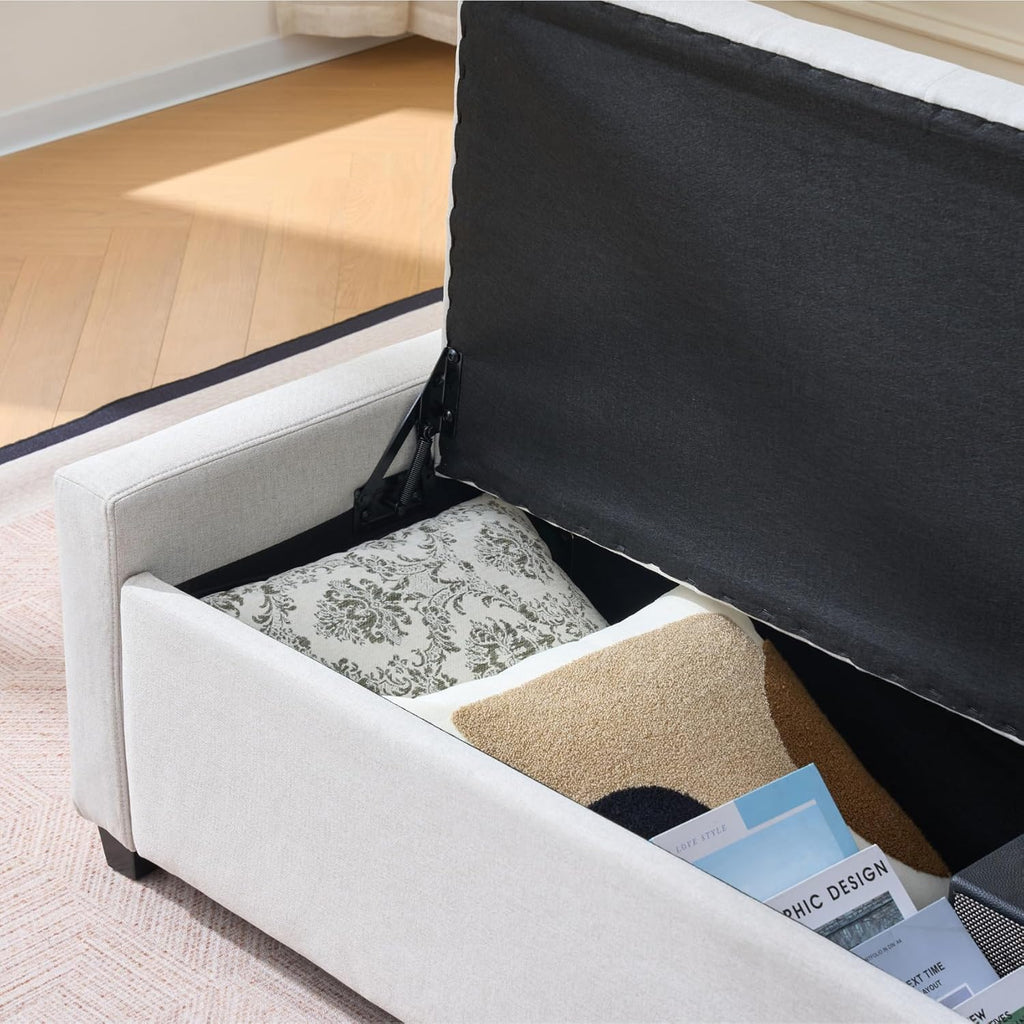 Storage Bench for Bedroom, 48.4'' End of Bed Beige Ottoman Lined Fabric Upholstered Shoe Bench for Entryway, Hallway, Bedroom, Cloakroom, Living Room, Beige.