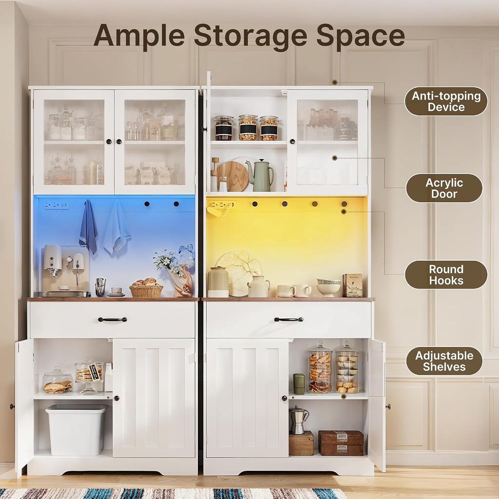 Gizoon 71" H Pantry Cabinet with Strip Light, Drawers | Coffee Bar with Doors, White Kitchen Hutch with Charging Station and Adjustable Shelves, for Dining Room, Table Top-Retro