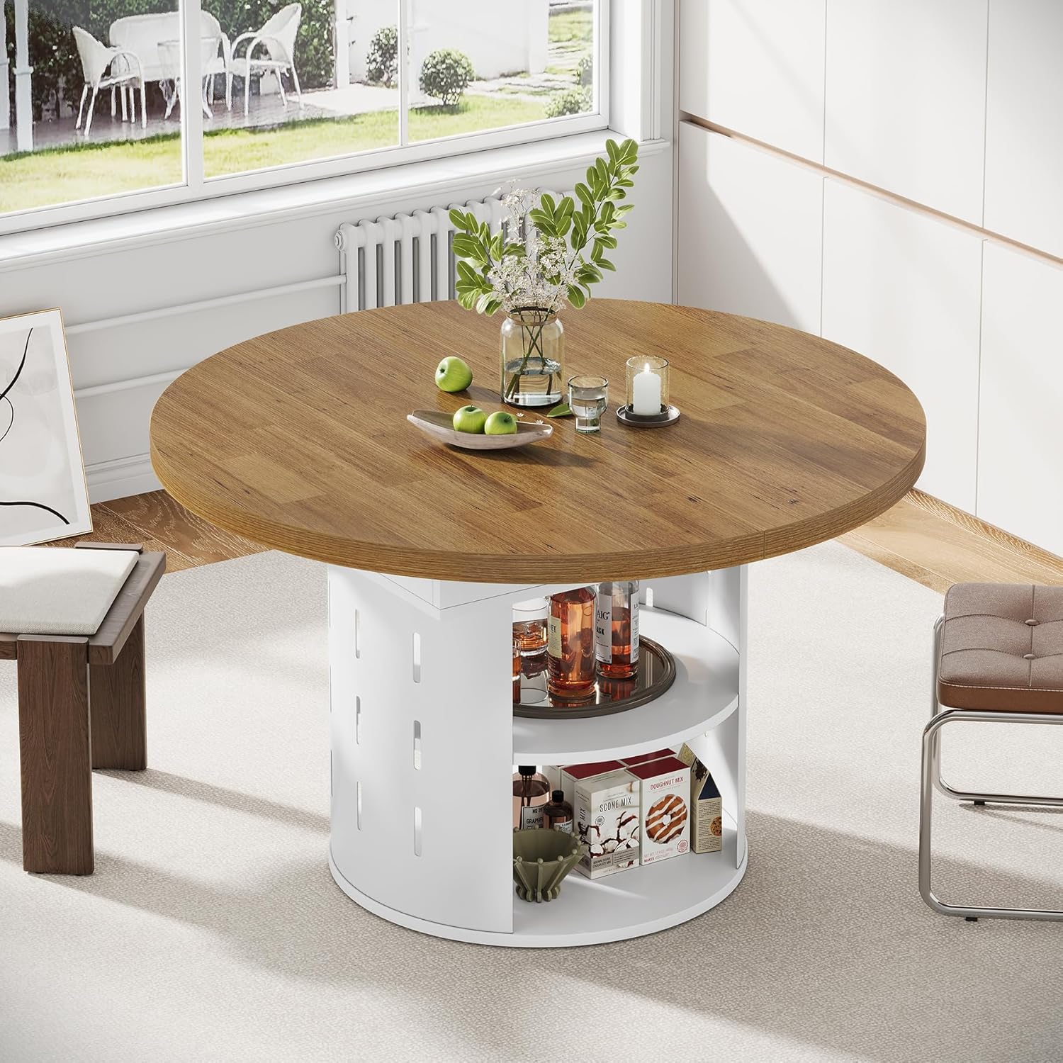 43.3in-59in Extendable Round Dining Table for 4-6, Modern Oval Dining Table with Storage Shelf & White Metal Frame, Space-Saving Expandable Table for Kitchen & Living Room, Oak
