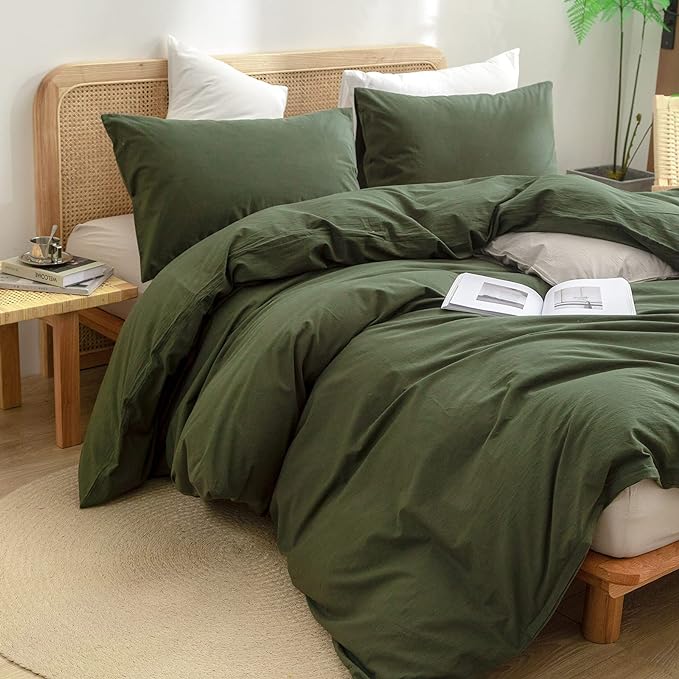 BESTOUCH Duvet Cover Set 100% Washed Cotton Linen Feel Super Soft Comfortable Chic Lightweight 3 PCs Home Bedding Set Solid Olive Green Super King