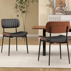 Modern Dining Chairs Set of 2,Upholstered PU Leather Kitchen Chairs,Black | Mid Century Walnut Bentwood Back and Metal Legs for Kitchen Dining Room Living Room