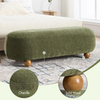 Hyfirm 54" Green Chenille Upholstered Bench – End of Bed Ottoman with Round Solid Wood Legs, Long Oval Footstool for Entryway & Hallway, Padded Seat (No Back)