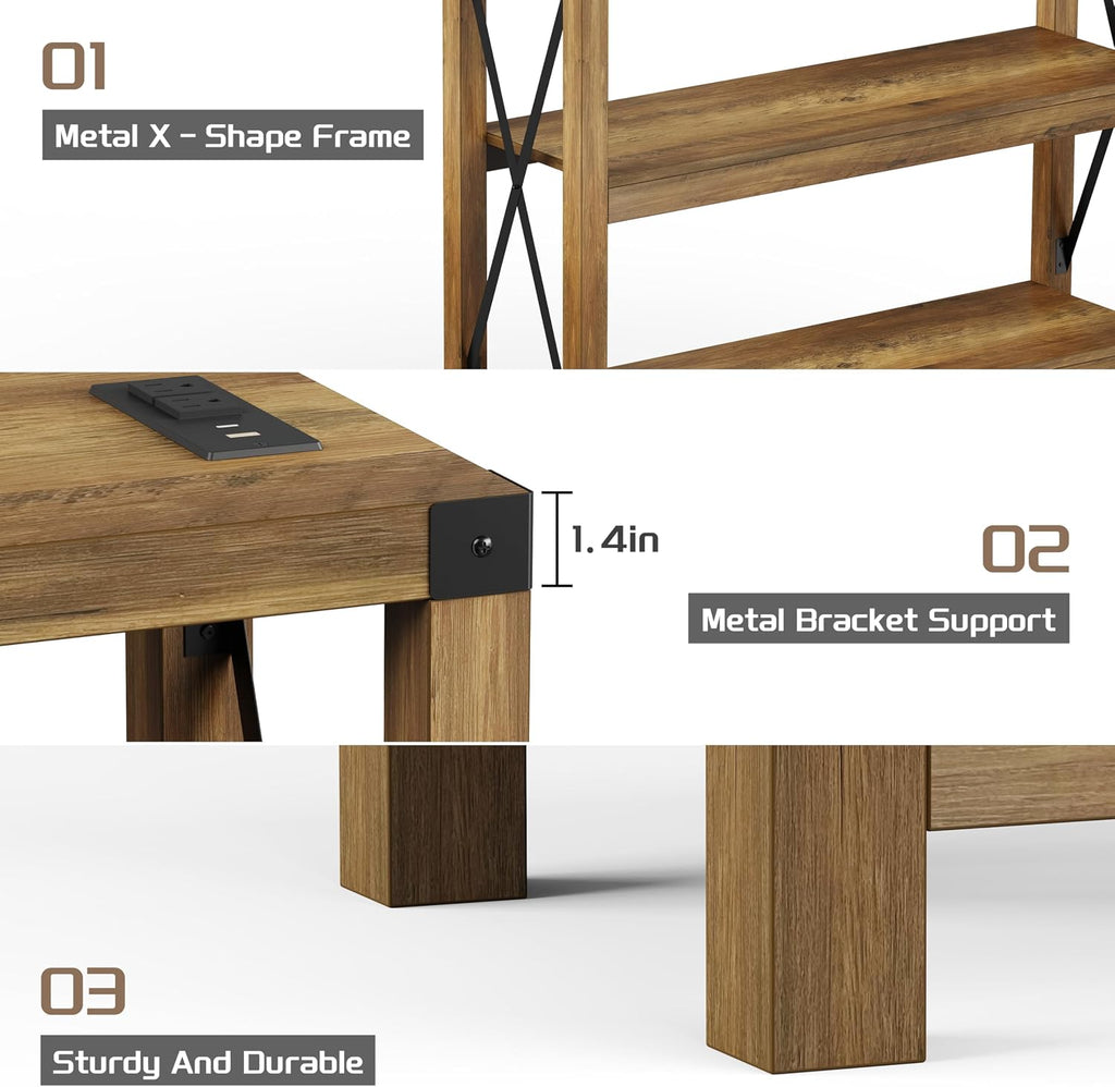 Entryway Table with Outlets and USB Ports, Console Table with 3-Tier Open Storage Shelves, Wooden Sofa Table with Metal X-Shaped Design for Living Room/Couch/Hallway/Foyer (Rustic Oak-s)