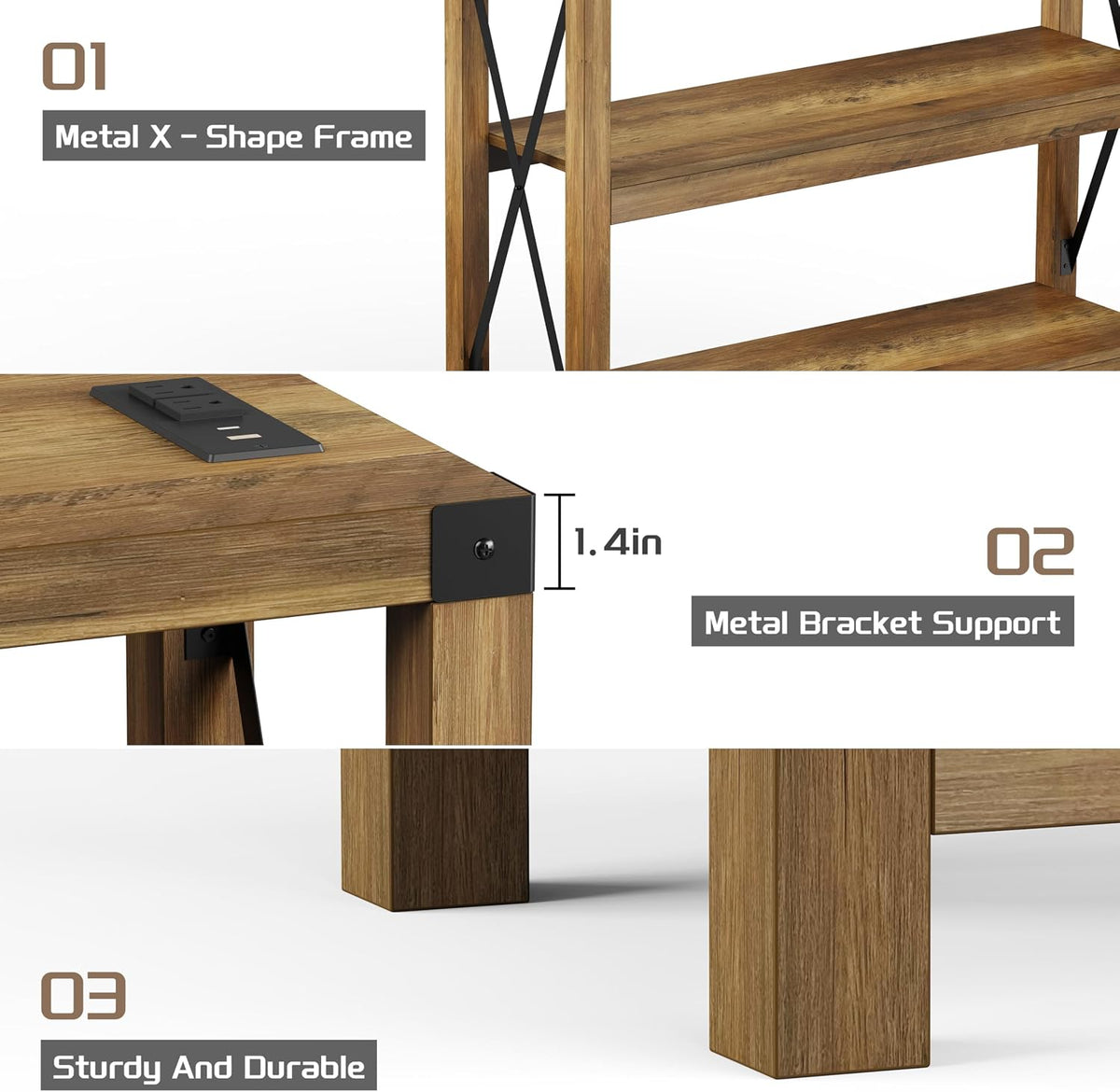 Entryway Table with Outlets and USB Ports, Console Table with 3-Tier Open Storage Shelves, Wooden Sofa Table with Metal X-Shaped Design for Living Room/Couch/Hallway/Foyer (Rustic Oak-s)