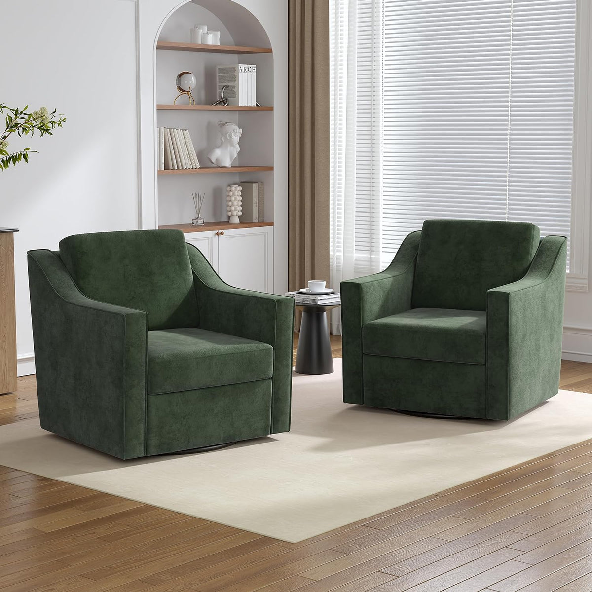 Swivel Accent Chairs Set of 2, 360° Swivel Armchairs with Deep Seat, Green | Soft Chenille | Ergonomic Supports Lumbar | Metal Swivel Base | Deep Padded Seat for Reading & Relaxing, Living room