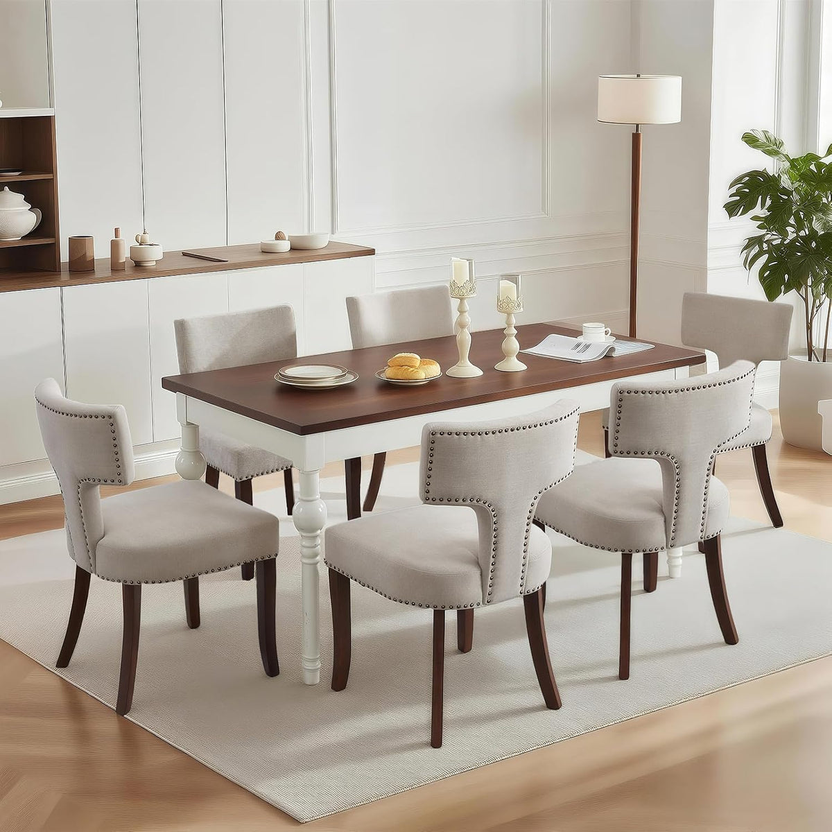 SoarFlash Modern Wooden Dining Chairs Set of 6, Farmhouse Linen Fabric Upholstered Accent Chair Curved Backrest with Copper Nails Around,Kitchen Chairs with Hardwood Frame, Beige