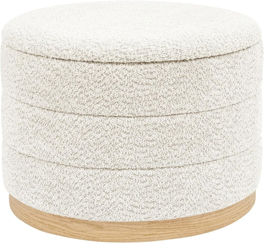 Round Storage Ottoman with Tray Lid, Folding Chenille Fabric Footrest with Hidden Storage, 22.8" Large Footstool Side Table for Dorm Living Room Bedroom, Wood Grain Base, Cream White