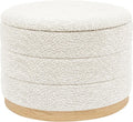 Round Storage Ottoman with Tray Lid, Folding Chenille Fabric Footrest with Hidden Storage, 22.8" Large Footstool Side Table for Dorm Living Room Bedroom, Wood Grain Base, Cream White