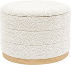 Round Storage Ottoman with Tray Lid, Folding Chenille Fabric Footrest with Hidden Storage, 22.8" Large Footstool Side Table for Dorm Living Room Bedroom, Wood Grain Base, Cream White