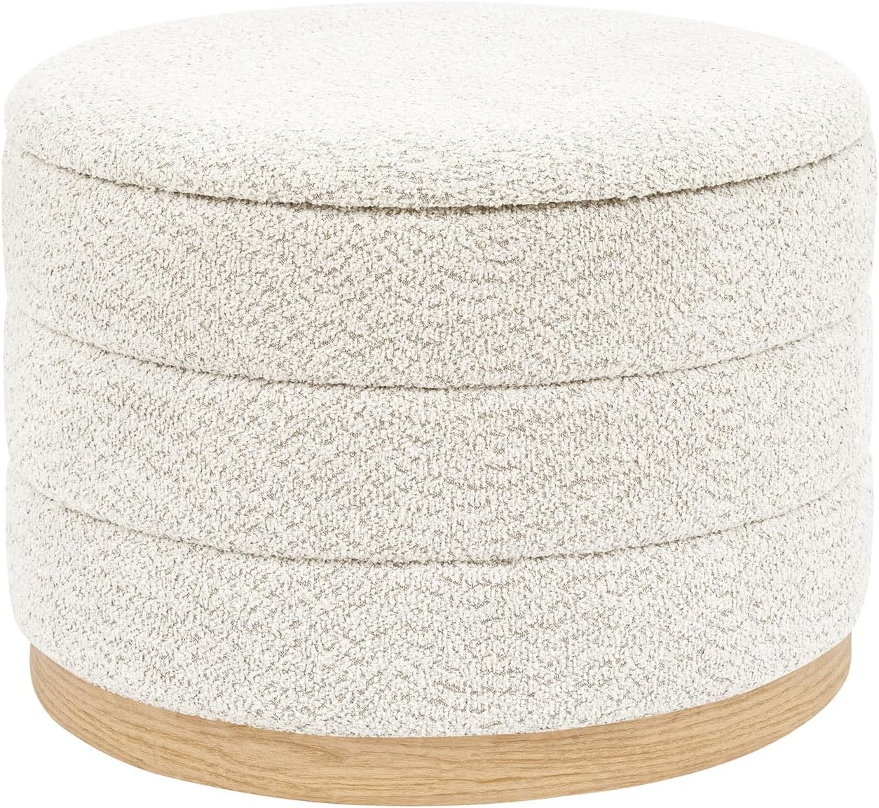 Round Storage Ottoman with Tray Lid, Folding Chenille Fabric Footrest with Hidden Storage, 22.8" Large Footstool Side Table for Dorm Living Room Bedroom, Wood Grain Base, Cream White