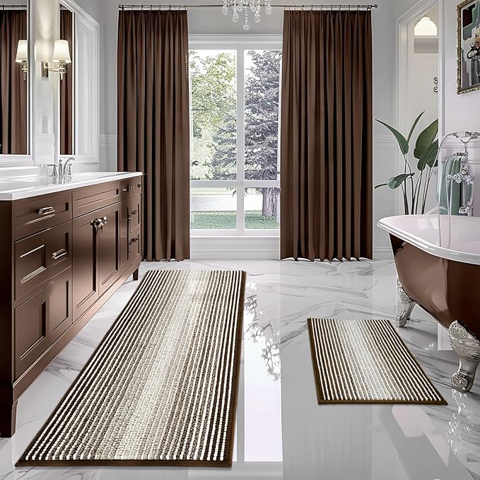 BSICPRO Bathroom Rugs and Mats Sets, 2 Piece Thick Absorbent Chenille Bath Mat Rug Set Non Slip, Soft Shaggy Bath Room Floor Mats for Bathroom, Machine Washable (Brown, 20" x 60" Plus 20" x 32")