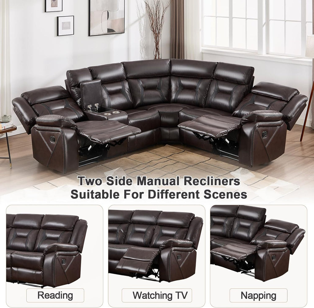 EBELLO Faux Leather Reclining Sectional Sofa Set for Living Room, 1 Recliner Chair and L-Shaped Corner Manual Recliner Sofa Home Furniture Set with Center Console, Cup Holders and Storage, Dark Brown